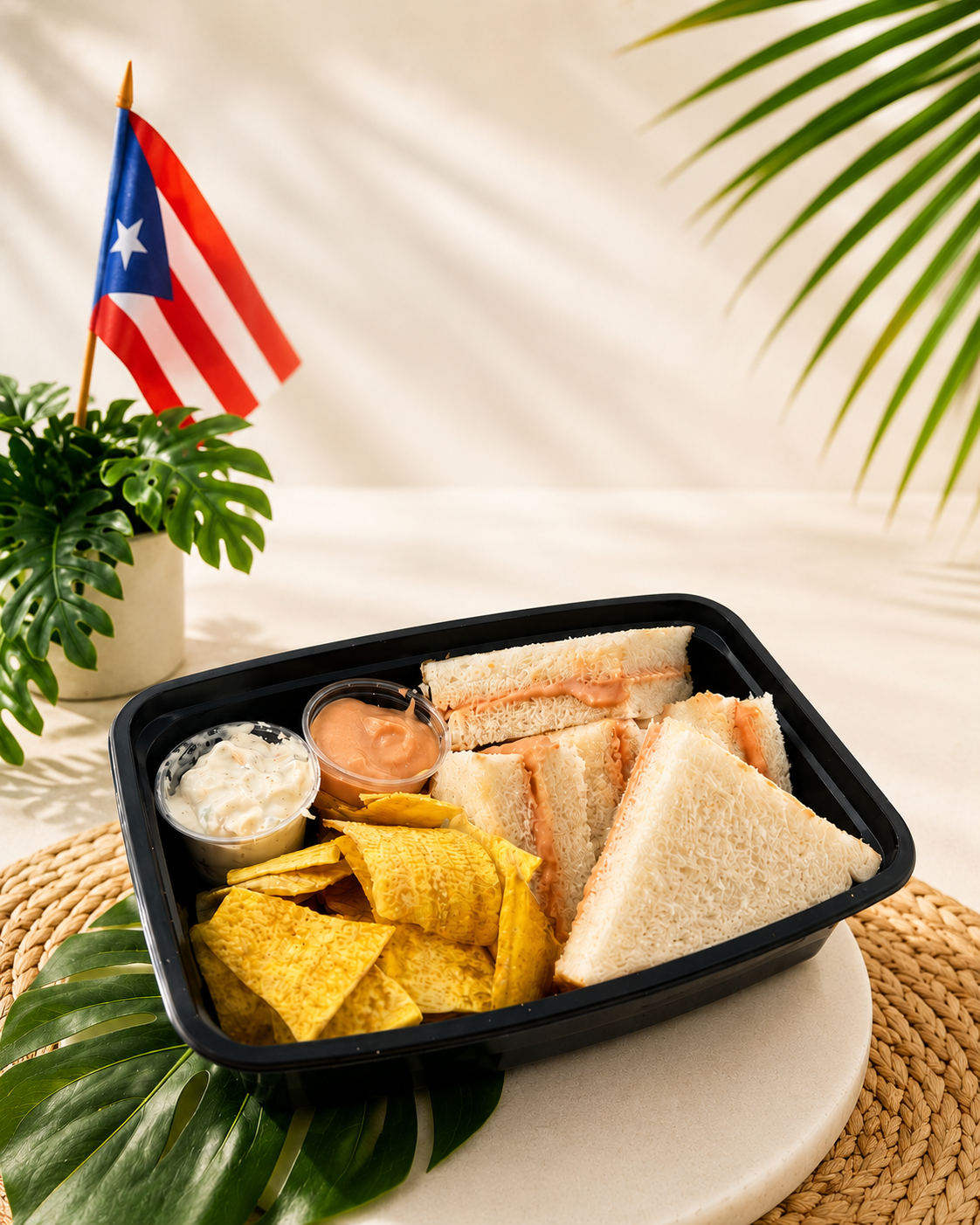 Sándwichitos de Mezcla y platanutres con 2 dips Pa’ Ti